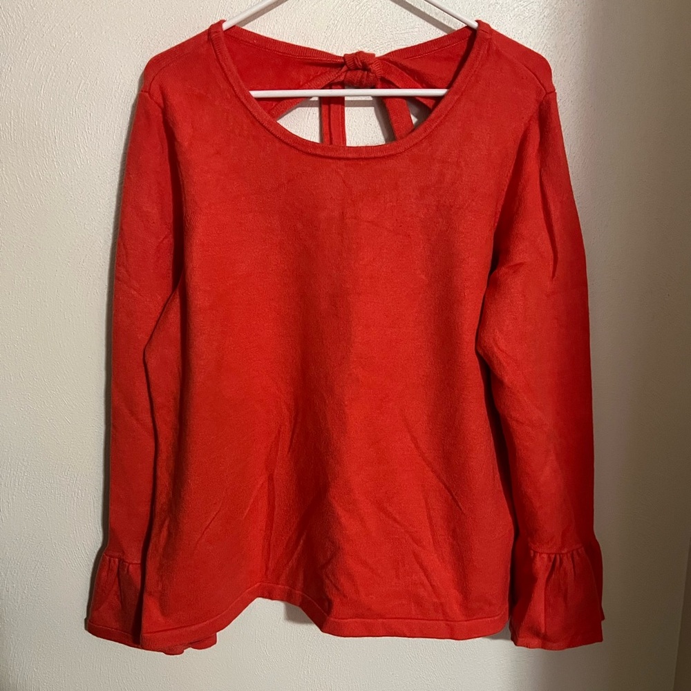 COLLEEN LOPEZ Classic Bell Sleeve Sweater Keyhole Tie Bow Orange Women's Size XL